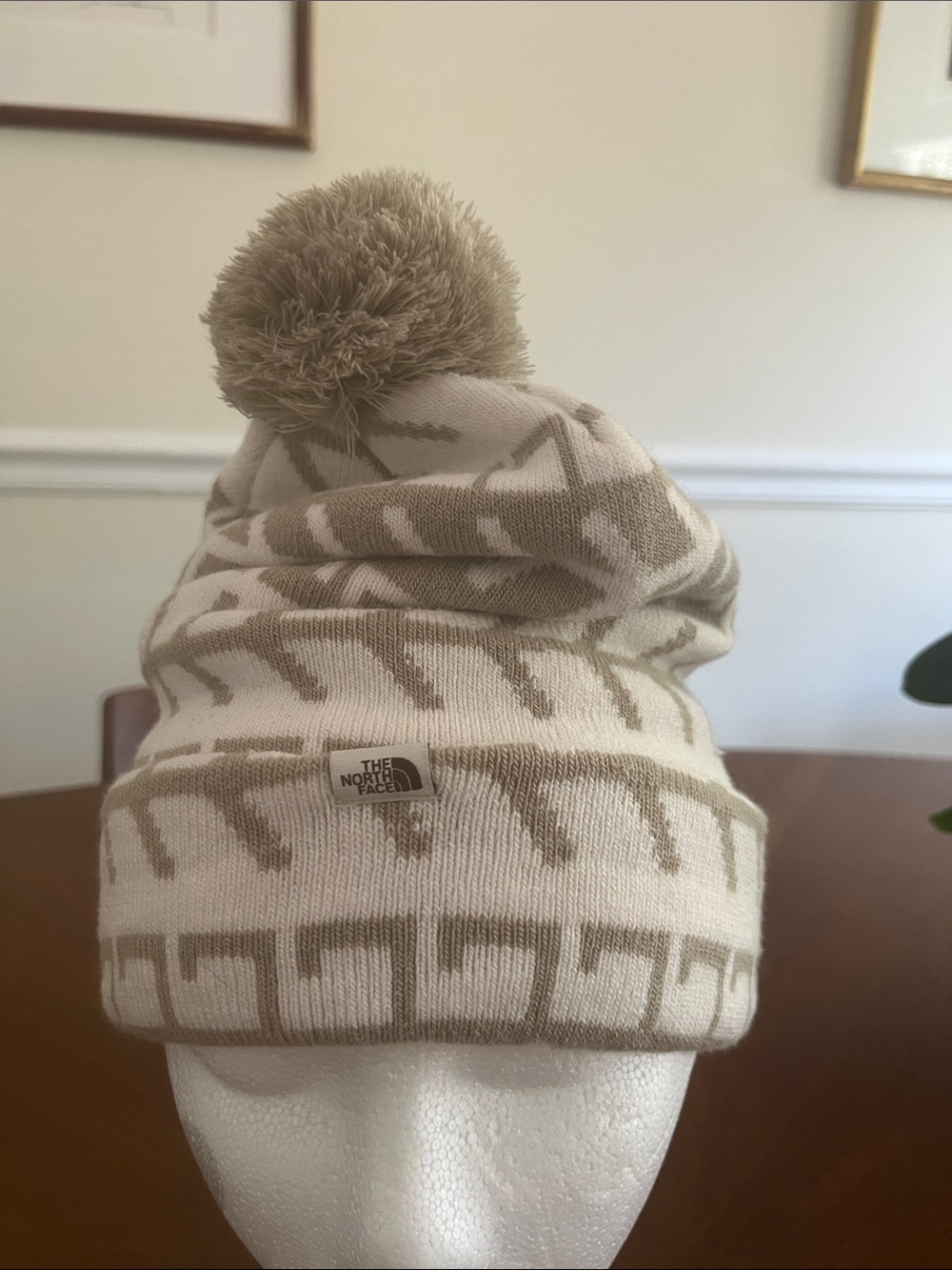 The North Face Beige Cream Pom Beanie One Size Unisex